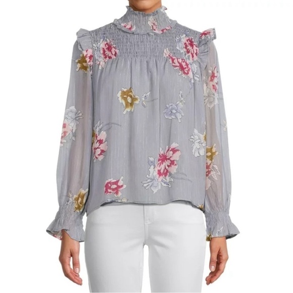 Walter Baker Floral Smocked Ruffle Blouse Gray Pink Flounce Feminine Romantic M - Picture 2 of 12